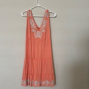 Johnny Was Coral Mini Dress with White Embroidery